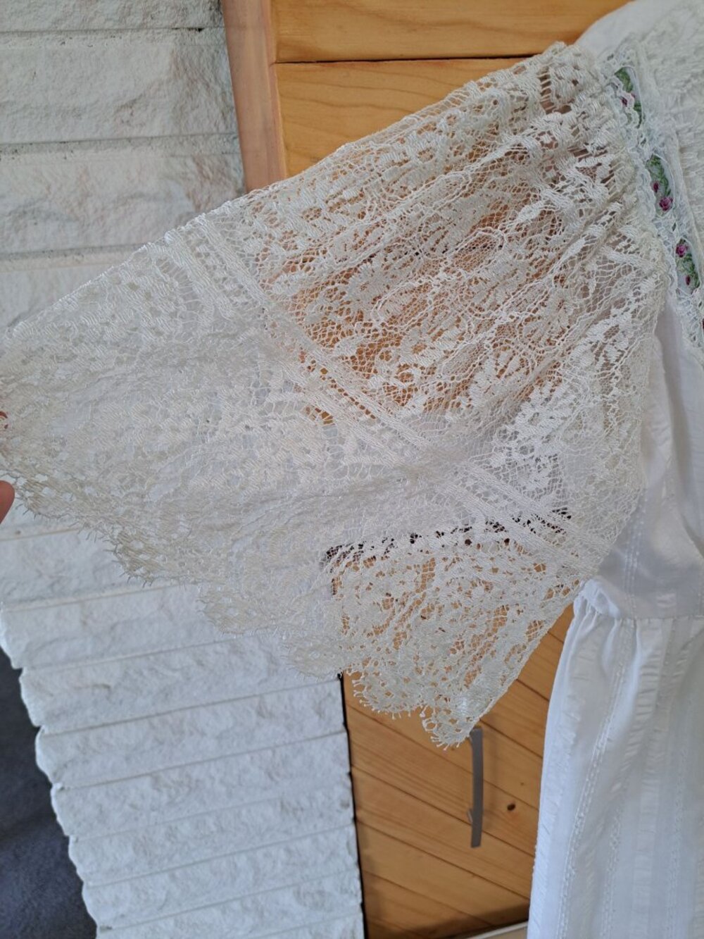 Vintage 1970's Ivory Lace Dress Bell Lace Sleeves Floral Size Small Cottage RARE - Picture 2 of 16